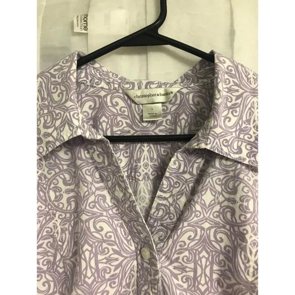Christopher & Banks Womens Lavender White Damask Scroll Button Down Shirt Large - Picture 5 of 6
